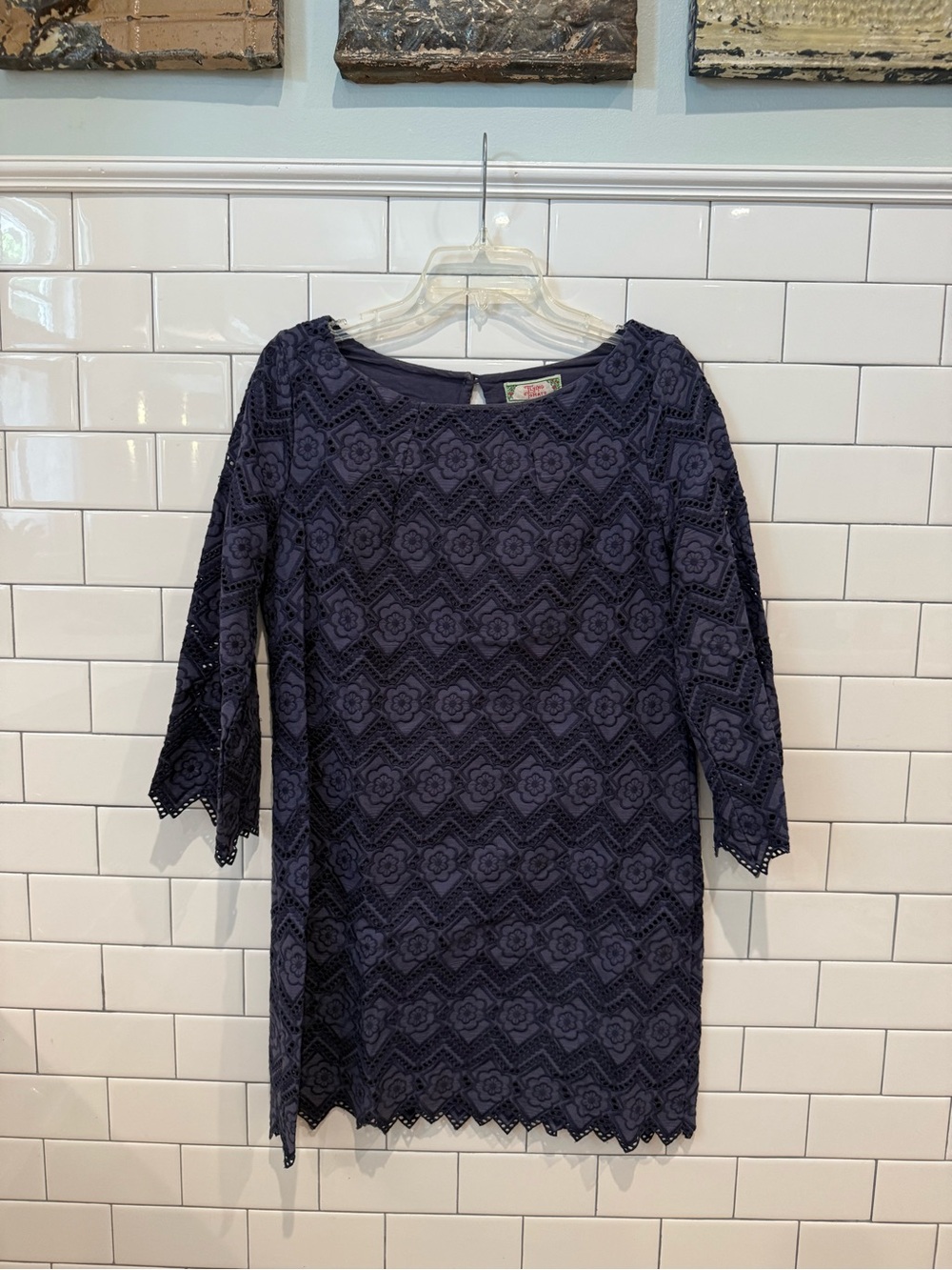 Flying Tomato Navy Lace Shift Dress with Scalloped Hem